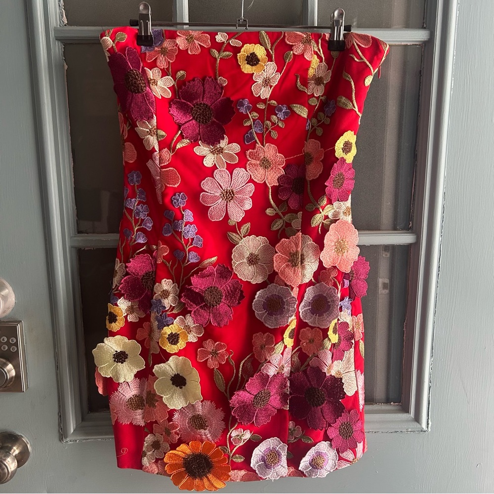 Endless Rose Floral Embroidered Flower Embellished Strapless Red Mini Dress S - Picture 2 of 11